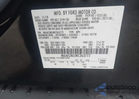 2019 Ford Ecosport Titanium z USA, uszkodzony, nr VIN MAJ6S3KL0KC263772